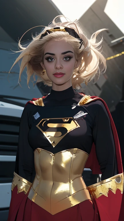  A beautiful blonde superhero woman with short hair in a black superhero uniform with gold details long sleeves uniform perfect chest emblem 4k,Open your knees、 Open your legs wearing a red skirt and black panties  ( masterpiece:1.3), (  photorealistic  :1.37), ( A villain who possessed the mind of a heroine  ,  22-year-old ), (( happiness satisfied admiring your new body  ), sharp focus:1.2, athletic body thin waist , thin, highly detailed face and skin texture, detailed eyes ( black with gold details uniform 1 .25), ((tight heroine uniform  )), ((Intricate detailed multi-layer bodysuit lacy ))), (( black with shiny gold :1.81)), (ray tracing), (glowing light), (light and dark makeup [[Black Lipstick ]], eyeliner:1.3), (( See the viewer )), (large and full breasts:1.34), the attention to detail,  Double Eyelids ,  Wear a black uniform with gold stripes full body red skirt admiring your body  (1 girl),  Professional lighting , (radiant skin: 1.2), large and shiny , 20 years old,Of course, maduro, legal, and a beautiful face, Spread your legs, detailed, HD,  masterpiece, Unique image, dc comics , extremely detailed face and eyes, beautiful detailed facial features, long eyelashes , ,  volumetric lighting ,  cinematic lighting ,  dramatic lighting , highly detailed, intricate details, sharp focus, vibrant colors,  dynamic pose , elegant, funny, sereno, STILL, radiant skin, flawless skin, hypnotizing, captivating