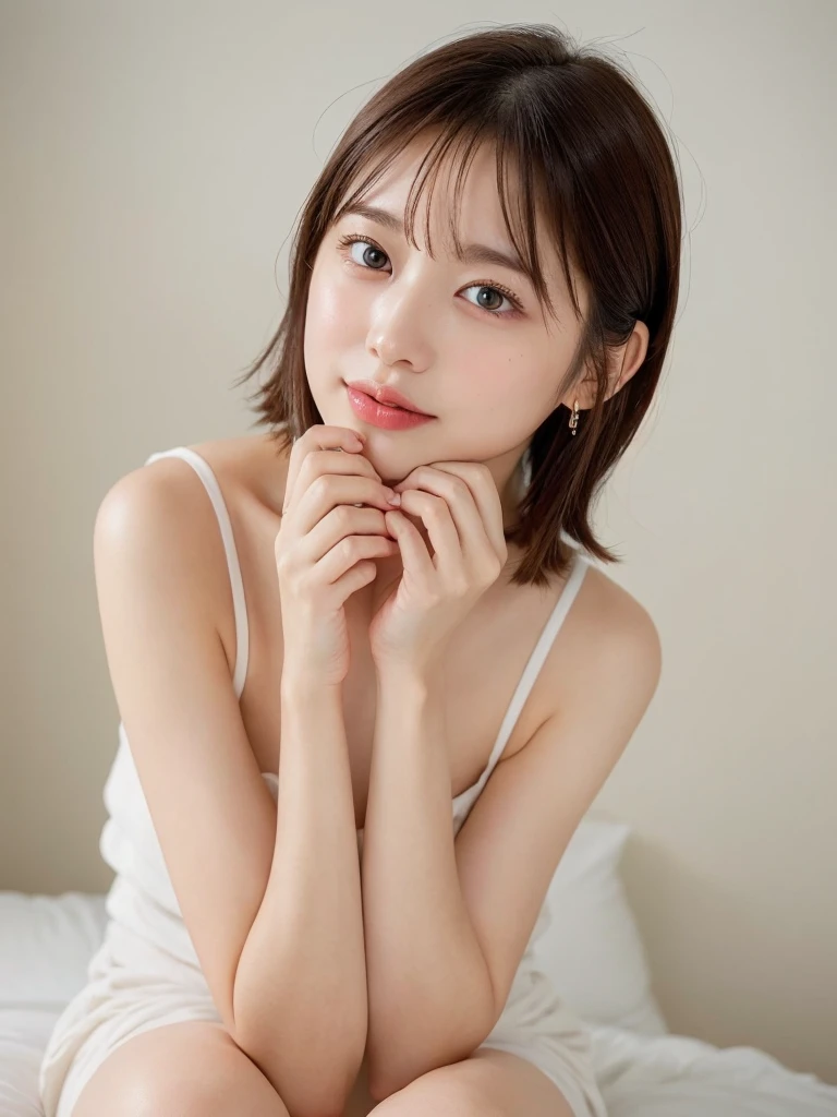 (((32k,best image quality,high details,high detail、masterpiece,attention to detail,Full body Esbian,Alone))),RAW photo & realistic atmosphere,beautiful dark blue eyes,super detailed face,detailed mouth,glossy lips,fine eyebrows,Detailedly drawn eyes、Soft white skin that shines in every detail、Very beautiful eyes with deep blue eyes,lip details,lips slightly open,plump lips,very beautiful face,very well-shaped face,lifelike face,realistic teeth,double eyelid,shining beautiful lips,Stick out your tongue cutely,soft chest,hand touching chest,completely naked,nude,Sensual cleavage,well-shaped nipples,mole on chest,wet body,raise the corners of your mouth,dazzling smile,string panties,beautiful eyebrows,earrings,stick out your ears,lip gloss,exposure of skin,nude,infinite reality,In a cute pose,Realistic like手グラビアアイドル,likeき official gravure idol, Very beautiful and cute22Year old adult woman,with a flushed face,incredibly beautiful and classy,natural soft light,white curtains,In a room where light shines in,simple background,Waking up in the morning,Sleeping in bed,put your hand on your crotch,(chestnut shiny hair,Soft medium short hair,let bangs fall,barefoot,beautiful and gentle eyes:1.5),(like々The beauty,Heavy wear,back to bare neck,gentle smile,well-shaped chest,dazzling thighs,Let your hair hang high and tie it up,beautiful posture,No makeup,eyes staring at me,Well good,real face,no makeup:1.6),spread legs, show full body, lying on bed, arms behind head