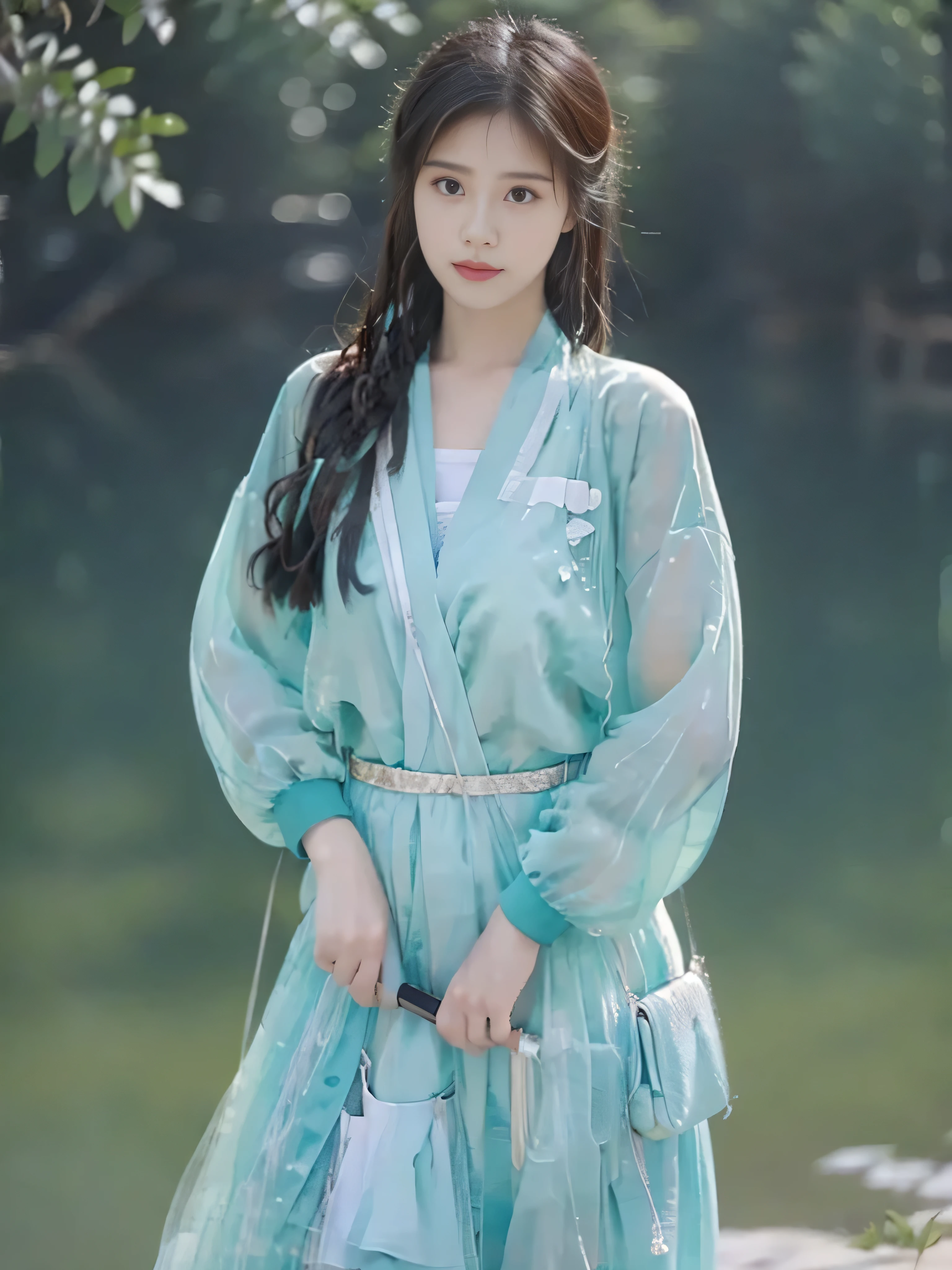  a beautiful woman ， alone， hands on the waist 
