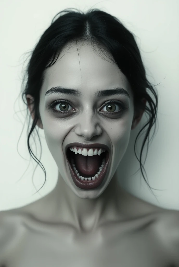 She is possessed by Lucifer himself Her face is pale Her wounds are infected Distorted and terrifying facial expression, with a macabre smile Erratic body movements, contorted and supernatural Pale skin, emaciated or sickly looking Distorted voice, serious or with supernatural echoes, as gore as possible, Snap, torn flesh, viceras