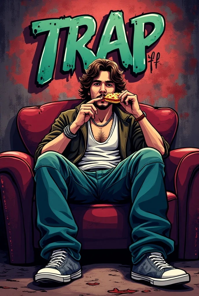 Dark, guy, baggy clothes, black tank top, mullet, smoking, night, neon lights, graffiti, skatepark