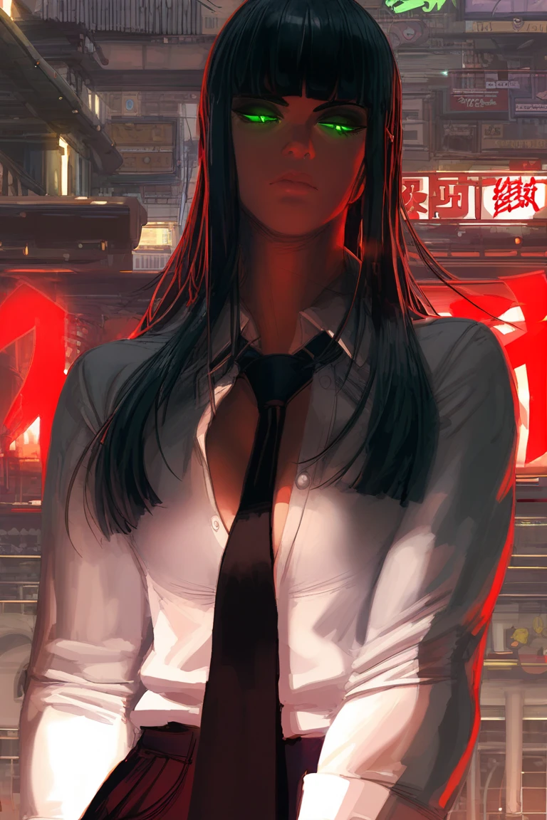 score_9,score_8_up,score_7_up, Taiki_PS, 1girl,adult,tall female, front facing, long black hair, hime cut, green eyes, glowing eyes, (half-closed eyes:1.2), medium breasts,  standing, pale skin, white collared shirt, unbuttoned, deep cleavage, long sleeves,black trouser,loose black necktie, cowboy shot, sharp red lighting, red tone, light leaks,cinematic lighting,deep glow effect,depth of field, alleyway background,
