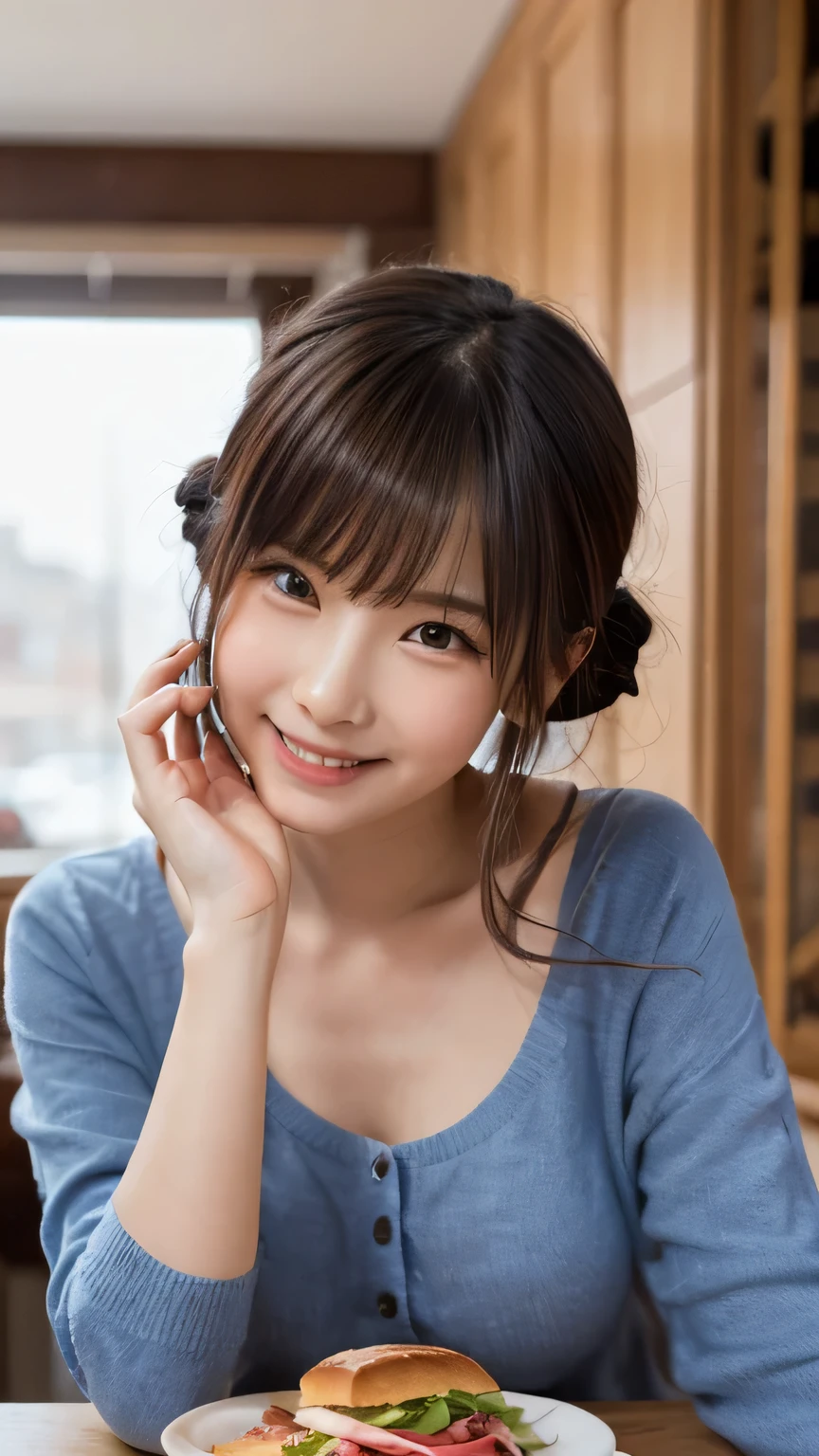 (A very cute 20 year old young woman from Japan), ((delicate hair between brown and blonde)), ((messy side wave short hair)),medium bust size、small breasts、 (((Clean hands))),(curly hair),(((very kind smile))), (((she wears black lace panties))),(((Wearing a super short light blue knit dress))),(((I'm wearing a light blue knit dress。))) ((top quality, 16K, table top: 1.3)), light shines on your face, highly detailed face, highly detailed lips, fine eyes, city street,angle from below:1.5,Holding nothing in the hands、