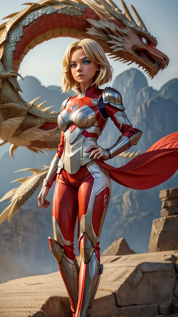 Blonde sexy girl , wearing a red and white hero armor suit,  electronic futuristic outfit . Dragon in the background