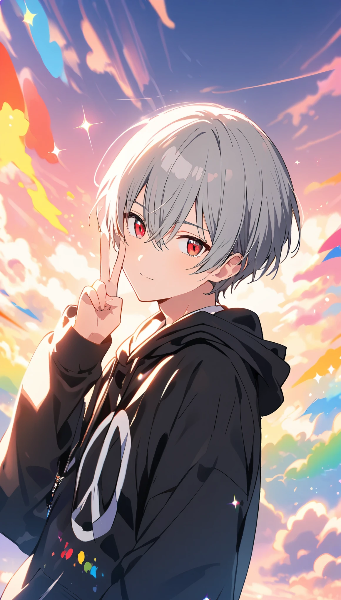 good looking, Alone, 1 male, Gray Hair, Red eyes,  Long Sleeve ,  black hooded hoodie, noon, White Light,cute目,Short hairstyle,cute,Falling from the sky,Many colors, sparkling scenery ,bright,Looking at the camera,Making a peace sign,