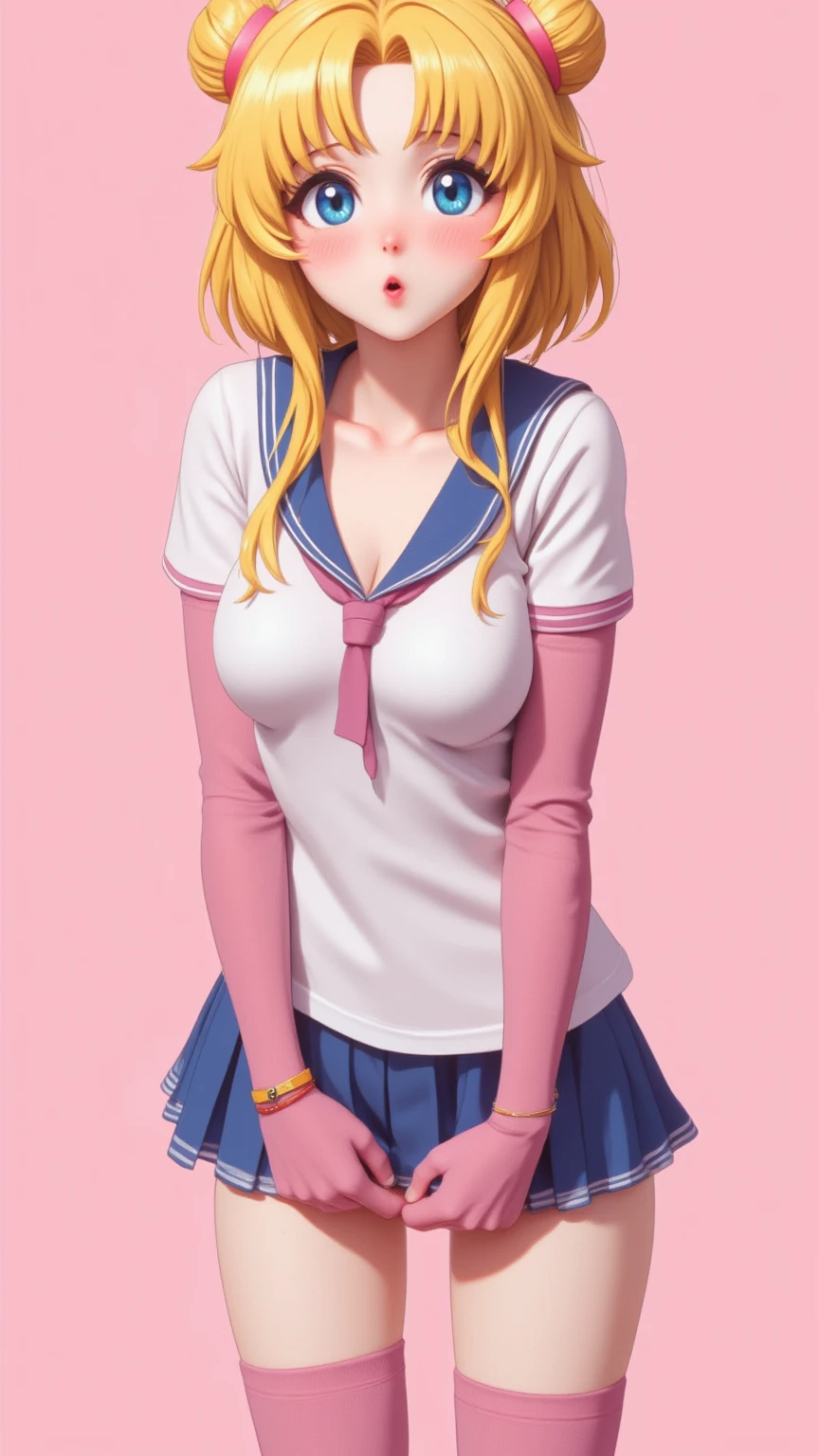 1 very young japanese girl, sailor moon, blonde hair, blushing, Shy, Red lips, mouth open, winking, cute overload, pale face, close up shot, Sweet, small breasts, ((best quality)), ((masterpiece)), (detailed), big expressive blue eyes, Slender、solid pink background, cute pose,  sailor suit, cleavage, slender legs, thigh highs, skinny, arms behind back, 