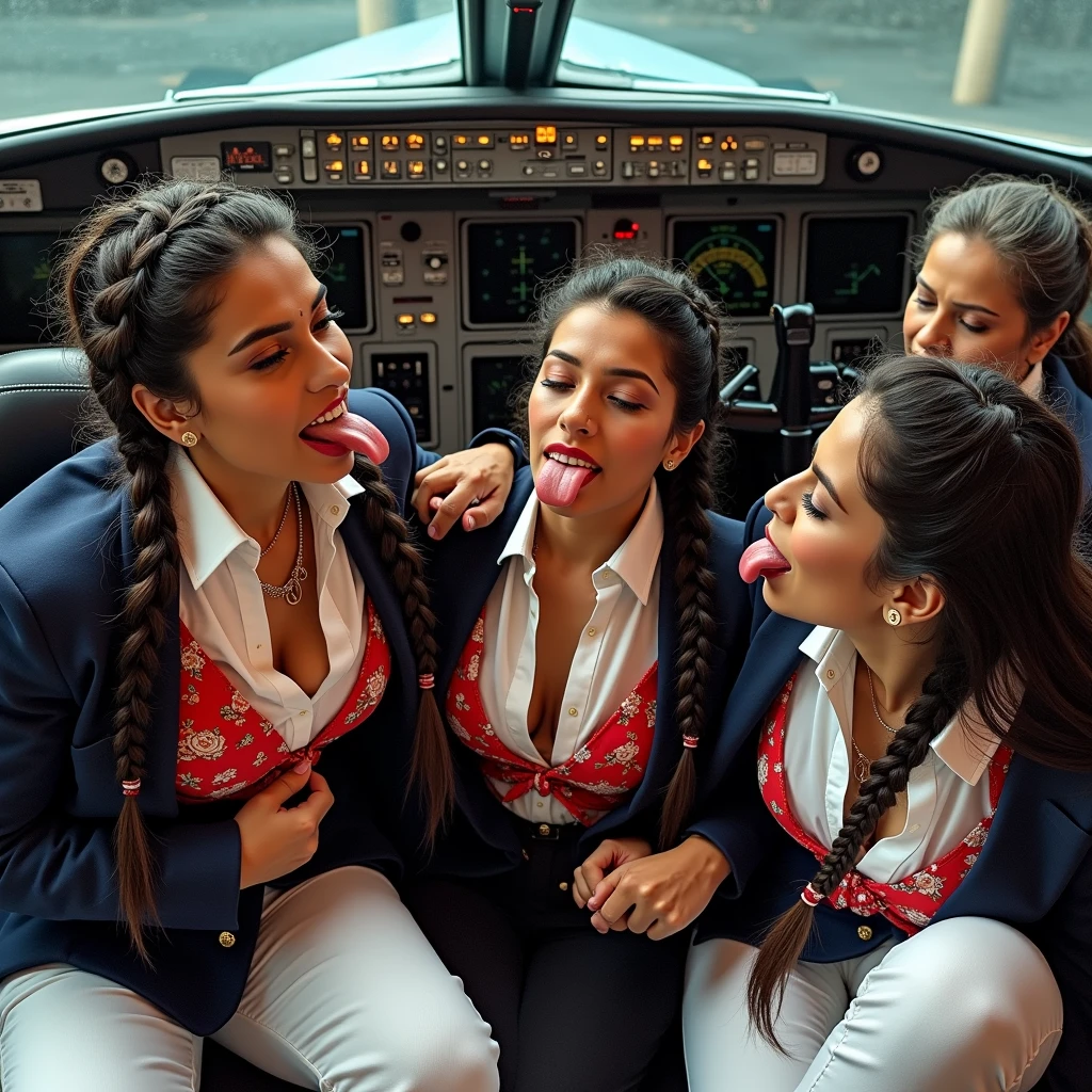 Two indian long hair eldery flight attendent ladies showing their love kissing in tongues out in natural way exact as per rhe image,their hairs are made in saloon with soaked