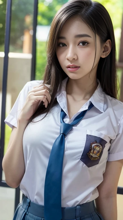 high school uniform, 1girl, small breasts, unbuttoned shirt, open chest, showing breasts, detailed face, beautiful eyes, beautiful lips, long eyelashes, elegant pose, detailed clothing, detailed background, (best quality,4k,8k,highres,masterpiece:1.2),ultra-detailed,(realistic,photorealistic,photo-realistic:1.37),HDR,UHD,studio lighting,ultra-fine painting,sharp focus,physically-based rendering,extreme detail description,professional,vivid colors,bokeh,highly detailed anime style