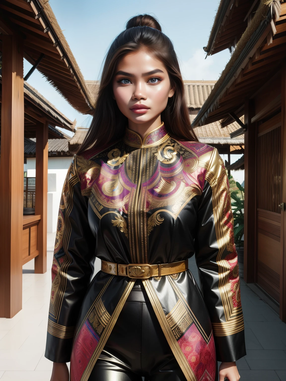 (high quality), (masterpiece), (detailed), 8K, Hyper-realistic painting of a young Indonesian woman wearing a futuristic suit that blends traditional patterns and vibrant colors, showcasing the rich heritage of Indonesia. She stands confidently in a dynamic pose, her detailed eyes reflecting determination and curiosity. The suit's material is a combination of traditional textiles and futuristic synthetic fabrics, giving it a unique and avant-garde appearance. Physically-based rendering techniques create realistic lighting and shadows, while the vivid colors capture the essence of Indonesian cultural aesthetics. The background features a fusion of modern architecture and traditional elements, creating a harmonious blend of the past and the future. This artwork explores the intersection of Indonesian culture, futuristic design, and the artistic representation of a confident girl.
