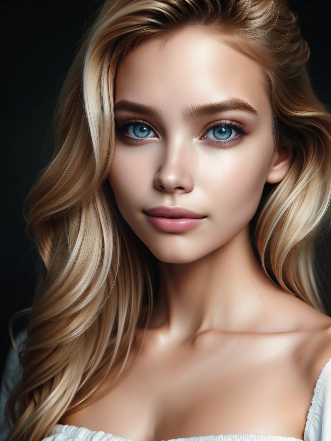 (high quality), (masterpiece), (detailed), 8K, Hyper-realistic portrait of a captivating young woman, her (expressive eyes1.2) drawing viewers into a world of emotion. (Soft lighting1.2) accentuates delicate features, while subtle (smile1.2) hints at untold stories. Trending on ArtStation.