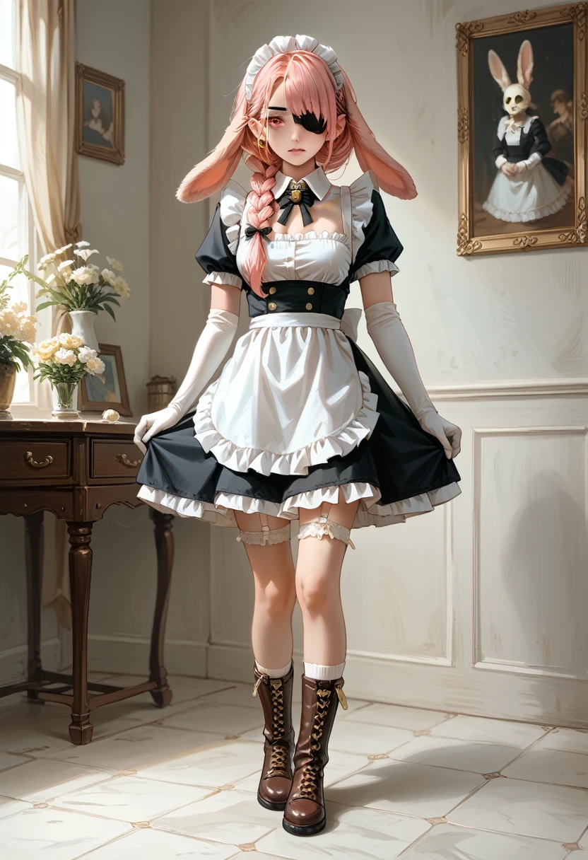 (high resolution,portrait,)(nsfw)（dining）(nsfw)(Full body view) 1girl((female ) (Pink Gold Hair、ish-bone braid hair，Lop Ear)（Maid uniform,Maid Prim 、 Garter Belt、Eye patch、 long gloves, short boots）()()