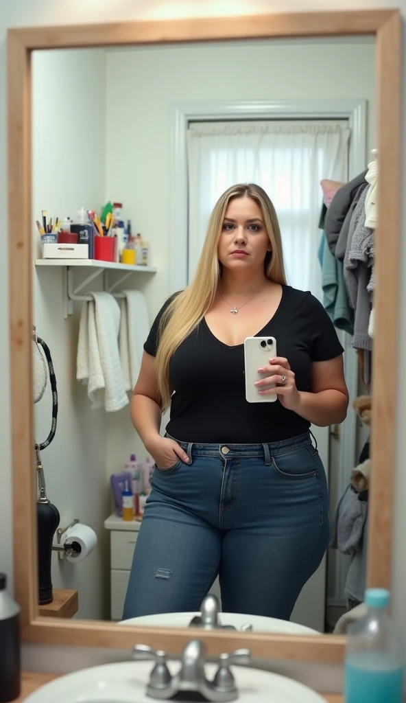 40 year old chubby North American blonde woman taking a mirror selfie in her bathroom, wearing white neckline t-shirt with no bra underneath and blue jeans pants, busty cleavage, visible big cleavage, daily long blonde straight hair, big large breasts, big hips, thick thighs, big ass, serious,accurate details, north American messy bathroom, daily make-up and lipstick