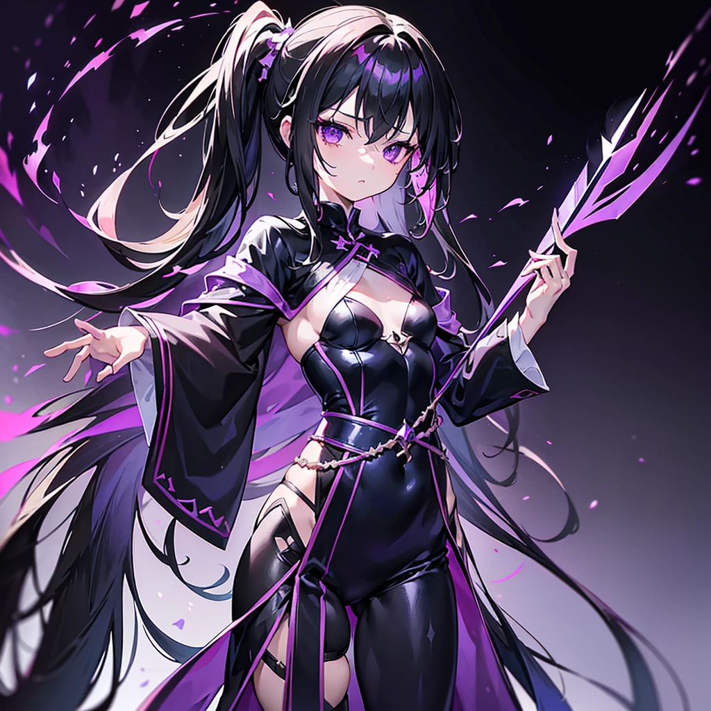 ((Alone))Holding a black-purple flame bow and arrow 1.9(long side ponytail 1.8)((small breasts1.8))Young Body 1.2、Long black hair 1.5、Purple Eyes 1.5、1 dressed in worn out black wizard clothing.8、 The Magician Girl with the Big Winged Angel Metatron 1.3、