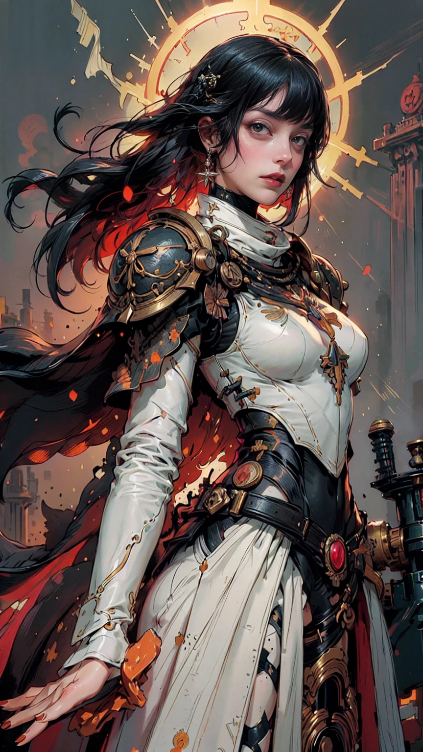 A sexy futuristic samurai woman with white armor and oriental fabric clothes, hood