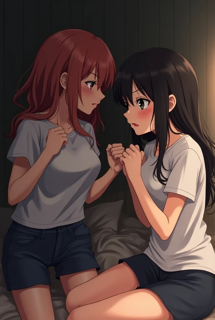 woman, tears from the eyes, with very short orange hair, gathered in a small ponytail and green eyes, in a grey T-shirt and grey pants, holds an unconscious woman in his arms,, closed eyes, with black long hair in a white T-shirt and a blue long skirt, clothes covered in blood, face in blood, the clothes are torn in places, wounds on the body, a lot of blood, It's all in the blood, anime art, masterpiece, realistically, professional quality, super detail