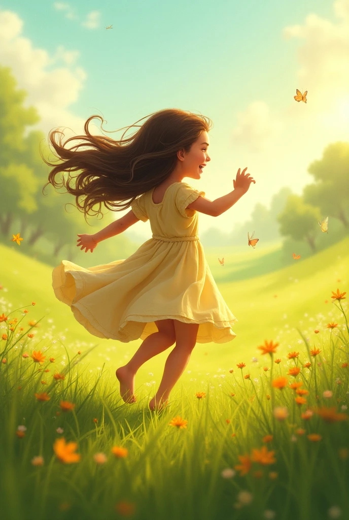 a girl running in the rye field, animated, autumn, masterpiece