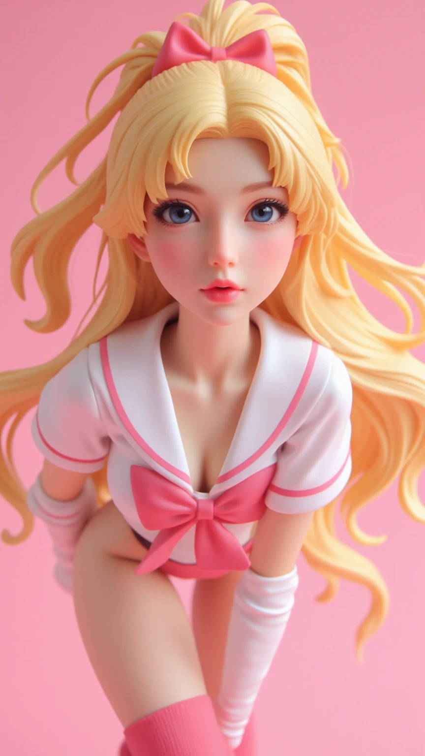 1 very young japanese girl, sailor moon, blonde hair, blushing, Shy, Red lips, mouth open, winking, cute overload, pale face, close up shot, Sweet, small breasts, ((best quality)), ((masterpiece)), (detailed), big expressive blue eyes, Slender、solid pink background, cute pose,  sailor suit, cleavage, slender legs, thigh highs, skinny, arms behind back, vinyl figure, 