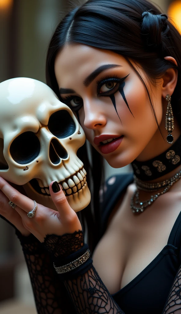 seductive nun with wholebody tattoo sitting in a c
chair holding a satans head