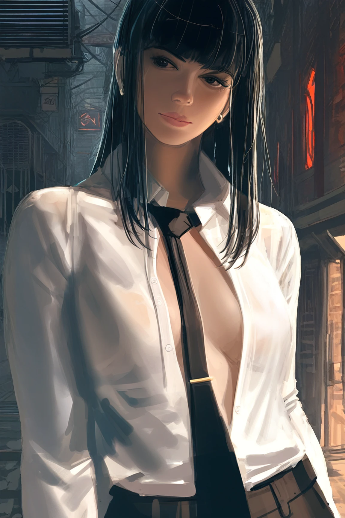 score_9,score_8_up,score_7_up, Taiki_PS, 1girl,adult,tall female, front facing, long black hair, hime cut, green eyes, glowing eyes, (half-closed eyes:1.2), medium breasts,  standing, pale skin, white collared shirt, unbuttoned, deep cleavage, long sleeves,black trouser,loose black necktie, cowboy shot, sharp red lighting, red tone, light leaks,cinematic lighting,deep glow effect,depth of field, alleyway background,
