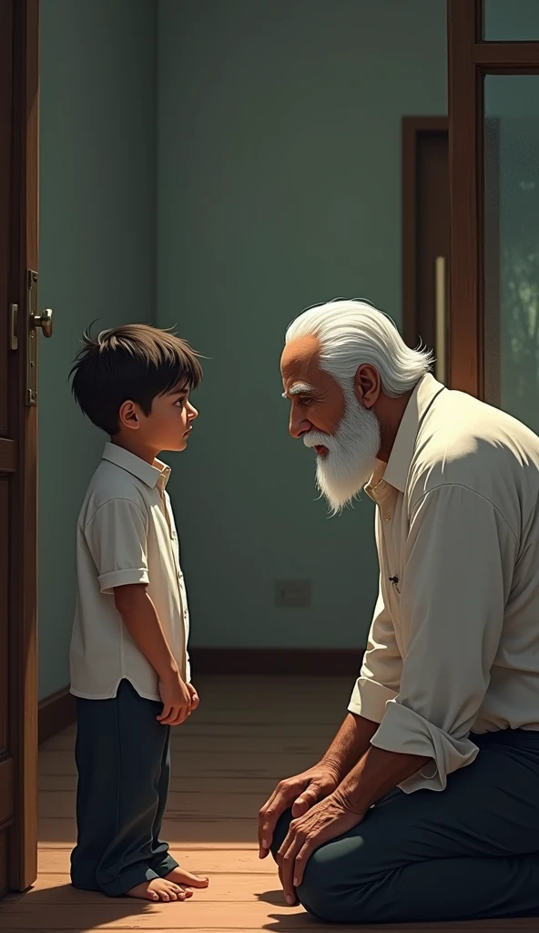 A 30 year old Indian man scolding his child in their house by showing hand with anger