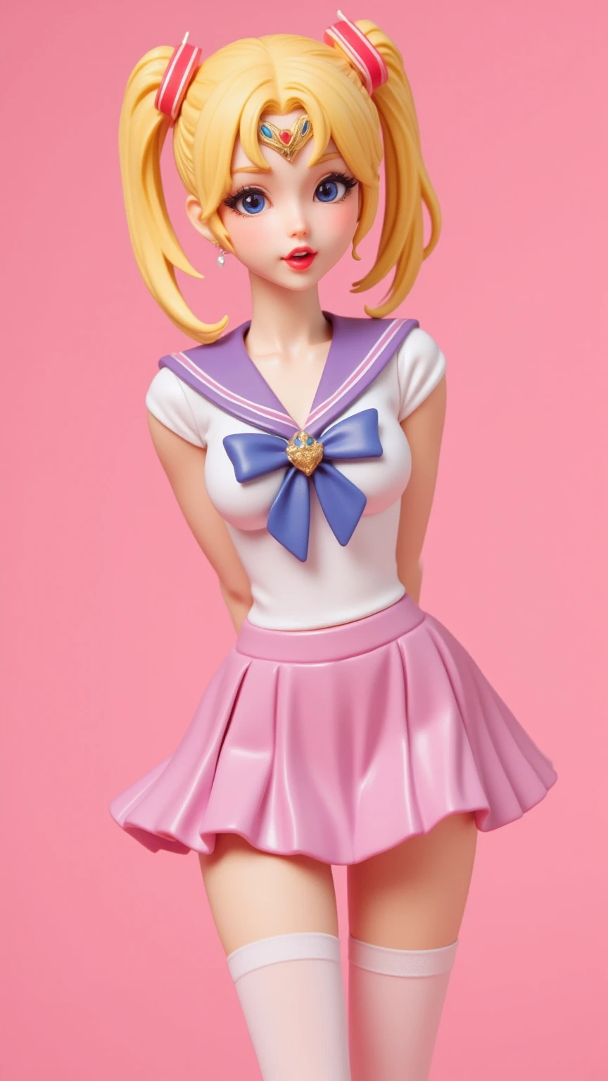 1 very young japanese girl, sailor moon, blonde hair, blushing, Shy, Red lips, mouth open, winking, cute overload, pale face, close up shot, Sweet, small breasts, ((best quality)), ((masterpiece)), (detailed), big expressive blue eyes, Slender、solid pink background, cute pose,  sailor suit, cleavage, slender legs, thigh highs, skinny, arms behind back, vinyl figure, 