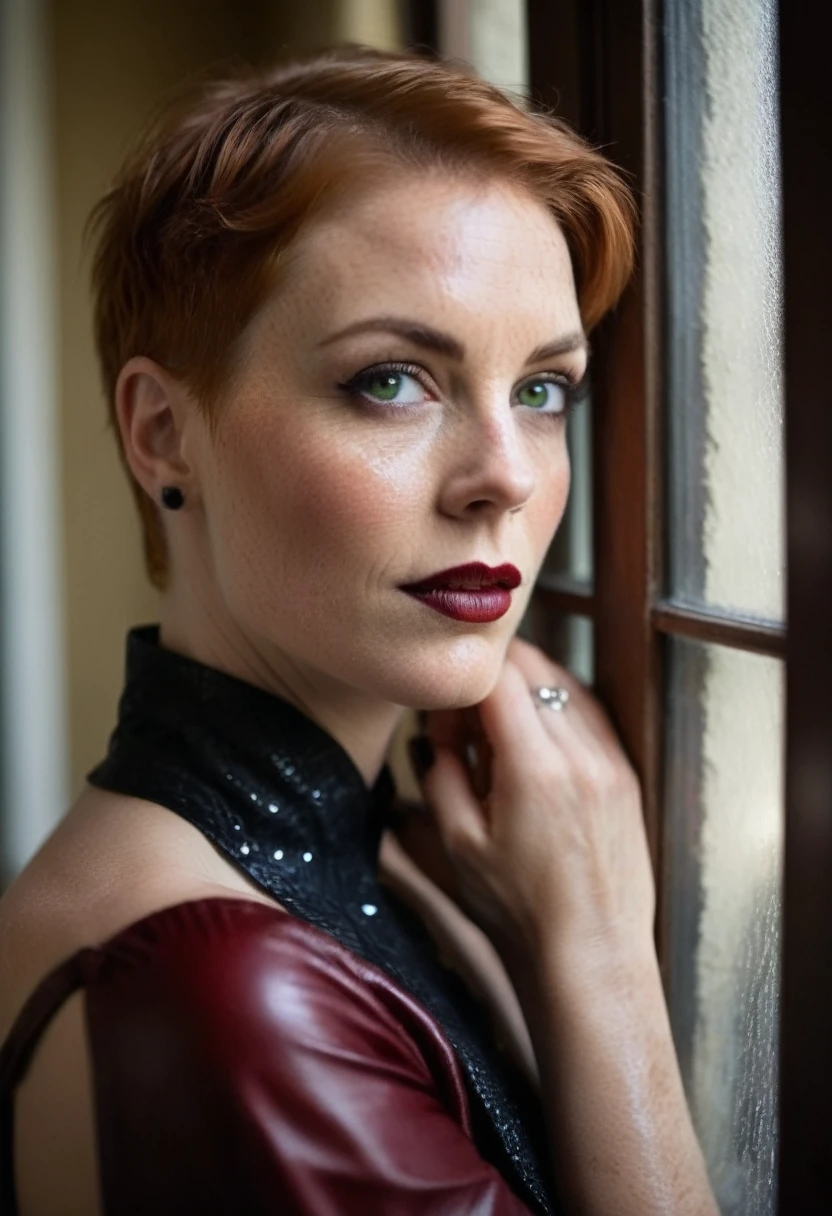((RAW full body Photograph)), beautiful, elegant, femme fatale, fascinating, American ginger lady, very feminine ((voluptuous busty topless)) 50yo lady. Backlit. ((Face leaning against an ancient English window)), ((thunderstorm lightning cast shadows of raindrops and glass on her face)). Very strict, upset, authoritative, ((very candid expression)), ultra short pixie haircut, big deep blue eyes, penetrating over the shoulder gaze, evident detailed face skin imperfections: wrinkles, freckles, pores. sexy fetish leather straps, buckles, hold-ups and garter belts, rich classy jewelry, martial pose, insane intricate detail, classy elegant mansion, low candle lights, intimate calm atmosphere, ((very dark gothic makeup with dark red lips)), award winning art, ((full body framing)), raytracing, sharp focus, bokeh, 8k, hdr, masterpiece, photography, dslr, kodachrome, 35mm photograph, analog film, professional, highly detailed, ultra low angle side viewe male,