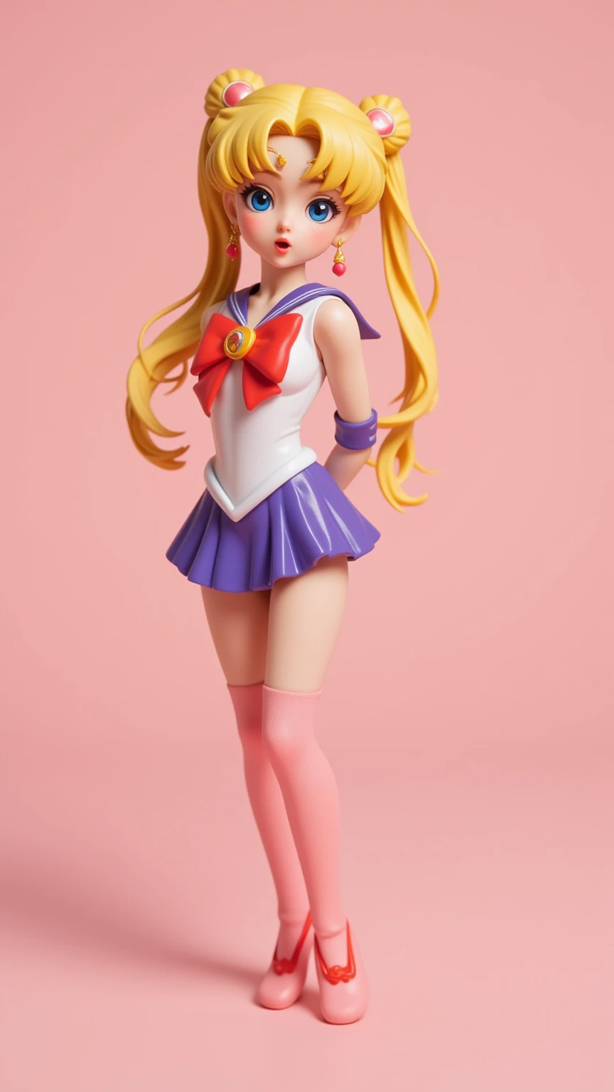 1 very young japanese girl, sailor moon, blonde hair, blushing, Shy, Red lips, mouth open, winking, cute overload, pale face, close up shot, Sweet, small breasts, ((best quality)), ((masterpiece)), (detailed), big expressive blue eyes, Slender、solid pink background, cute pose,  sailor suit, cleavage, slender legs, thigh highs, skinny, arms behind back, vinyl figure, 