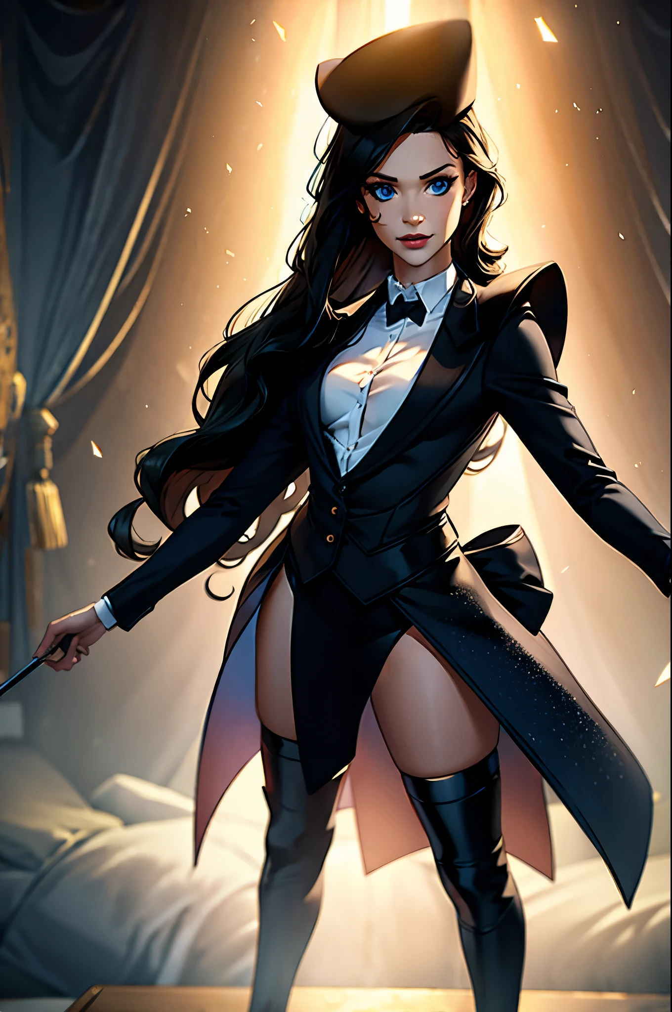 A girl with long black hair, bright blue eyes, wearing a magician's outfit, standing on a stage, performing magic tricks, wearing a black hat, (best quality, 4k, ultra-detailed, realistic:1.2), enchanting atmosphere, (vivid colors, dramatic lighting), soft spotlight illuminating her face, intricate background with sparkling stars and a velvet curtain