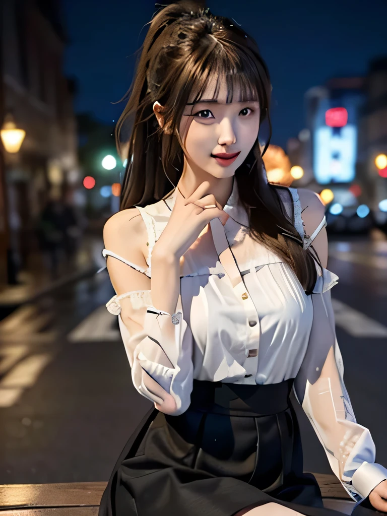 One Girl,(hires.fix:1.4)、(Loose fitting blouse:1.4),(Long skirt:1.3)、(RAW Photos, highest quality), (Realistic, Photorealistic:1.4), (My hair is messy, Asymmetrical bangs, Dark brown hair,ponytail:1.3),smile、 Very delicate and beautiful, Very detailed, 8k wallpaper, wonderful, In detail, Very detailedなCG Unity, High resolution, Soft Light, Beautifully detailed 19 year old girl, Very detailedな目と顔, Beautifully detailed nose, Beautiful fine details,Cinema Lighting,City lights at night,Perfect Anatomy,Slim body, large breasts