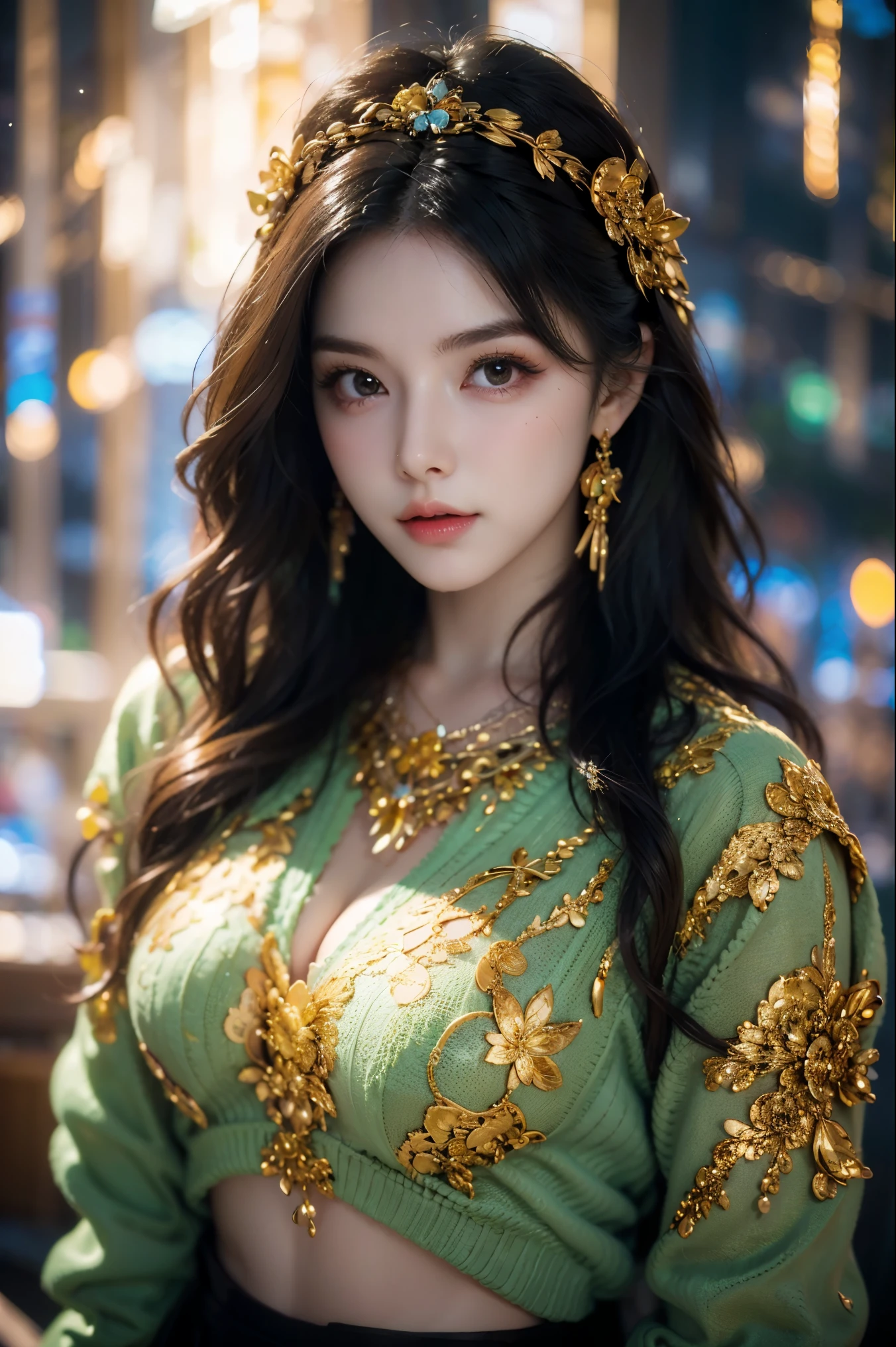 Wavy hair Wavy hair（（（Eyes are very delicate））），（（（Hair accessories））），necklace，Head close-up，Sexy young girl in sexy green and gold lace sweater，New Year decorations are everywhere on the road（（（masterpiece）））， （（best quality））， （（Intricate details））， （（Surrealism））（8K）