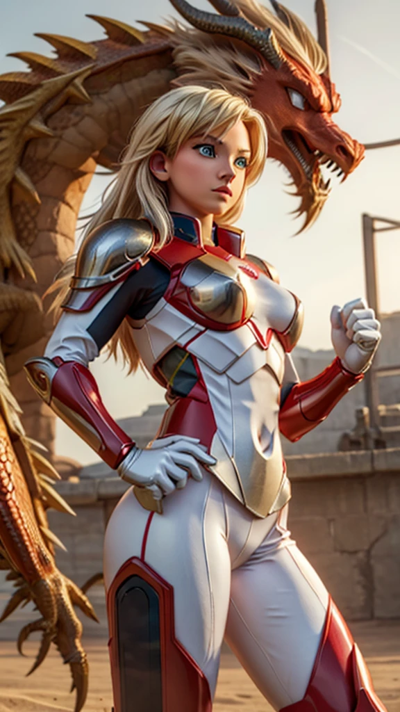 Blonde sexy girl , wearing a red and white hero armor suit,  electronic futuristic outfit . Dragon in the background