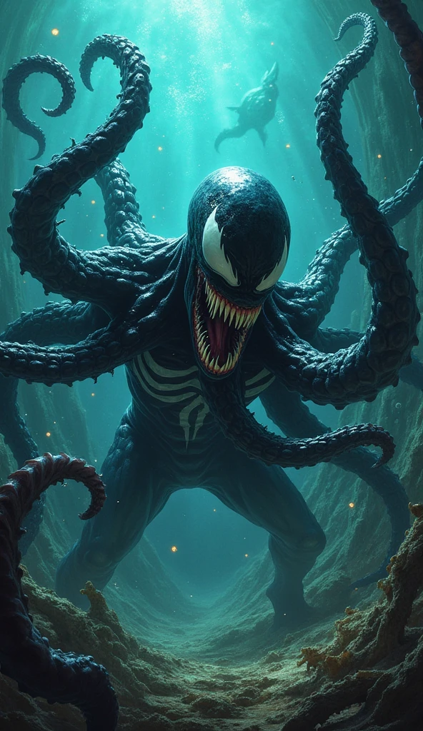 (perfect mix between venom and kraken:1.9), with venom's black tentacles protruding from his entire body, destroying ships on the ocean, blood on the mouth, epic, cataclysmic, gargantuan, absurdres, best quality, realistic style