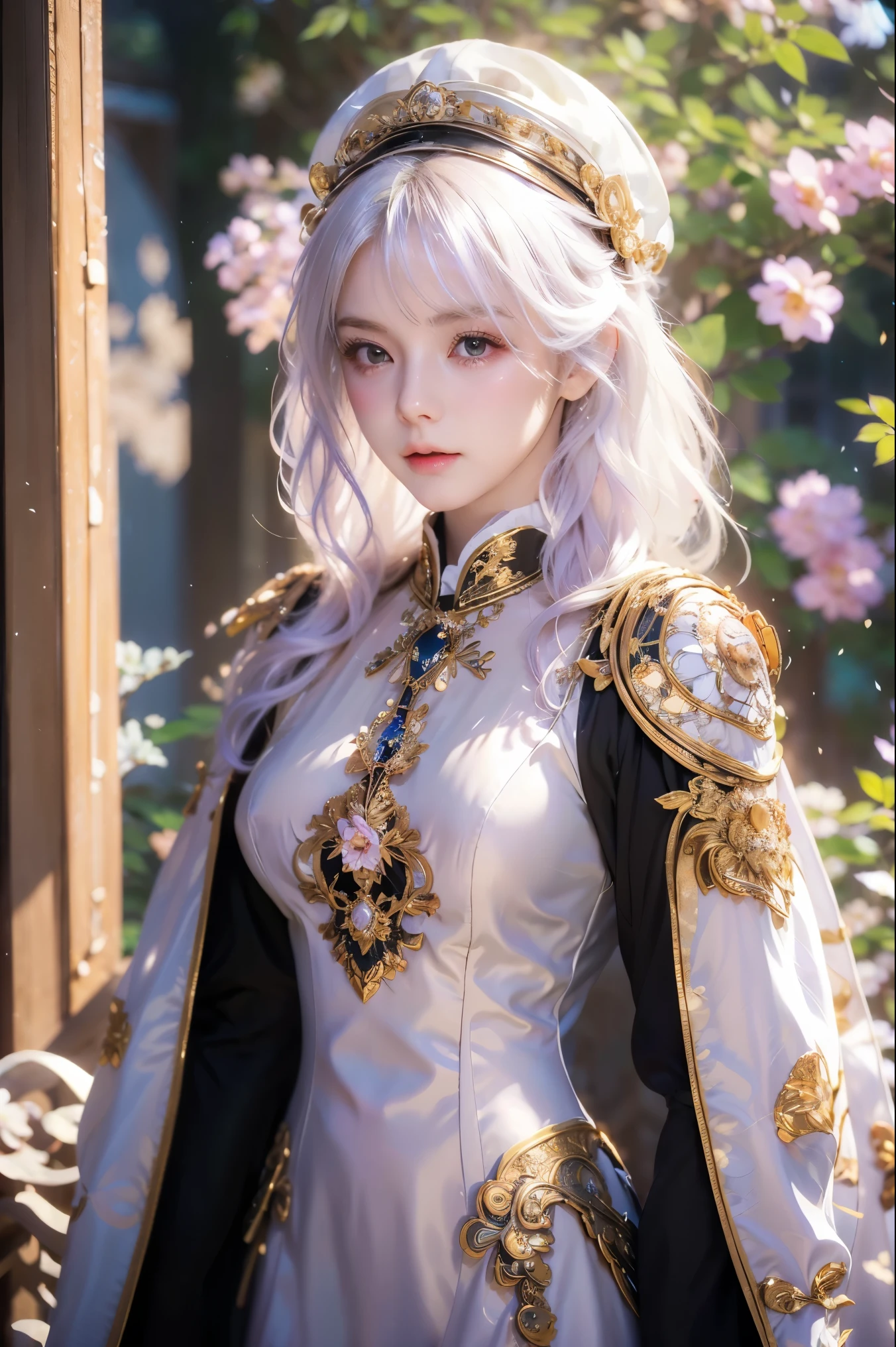 masterpiece, best quality, 4K, Ultra HD, Sansho Castle, , Beautiful eyes and delicate face, illustration, Beautiful and detailed, high resolution illustration, luminescent_White_particle, 1 Girl, White hair, Lilac eyes, Hair covering one eye, Short side details, Baseball cap,Expressionless, curtain, Black jacket, Chest hanging, Cyberpunk, Technical clothing,(Impressionism:1.4)