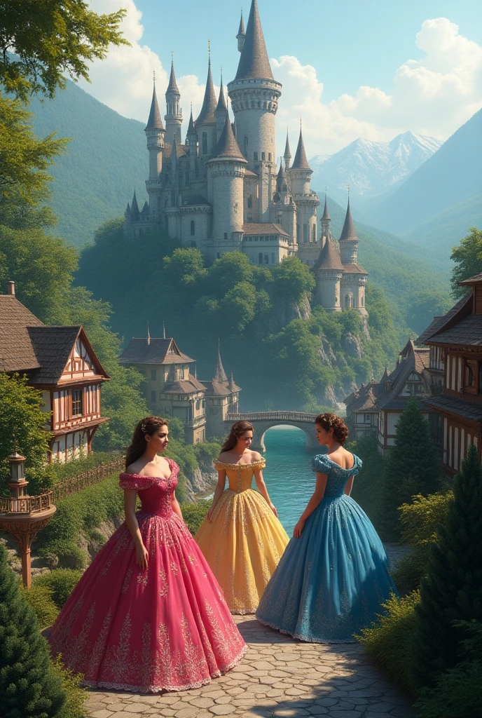 Image of a beautiful Castle and beautiful princesses several