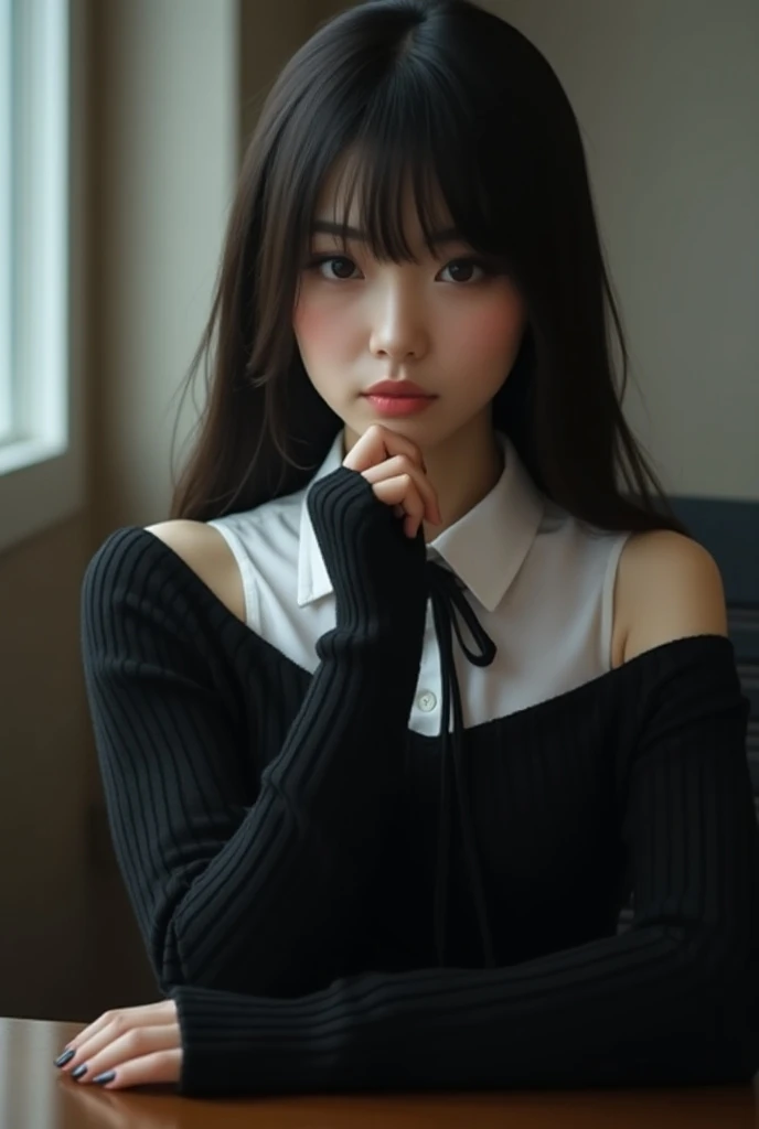 rape face、sweater、peplum skirt、mediub breasts、baby face、streaked hair