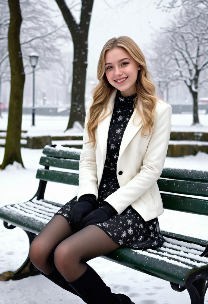 raw photo, digital photo, medium shot, slim, 1girl, 18yo austrian female, round freckled face, blonde u-cut straight hair, black sheer tights, skirt, white jacket, knee-length boots, gloves, sits on a bench in the park,, winter, snowy, snowflakes, (insane details:1.4), intricate, (detailed background, top quality, best quality:1.4), edge detection, natural shadows, (best face:1.4), happy female, cheerful female, smiling to viewer, best face, best hands, perfect hands, cinematic lighting, cinematic shadows 