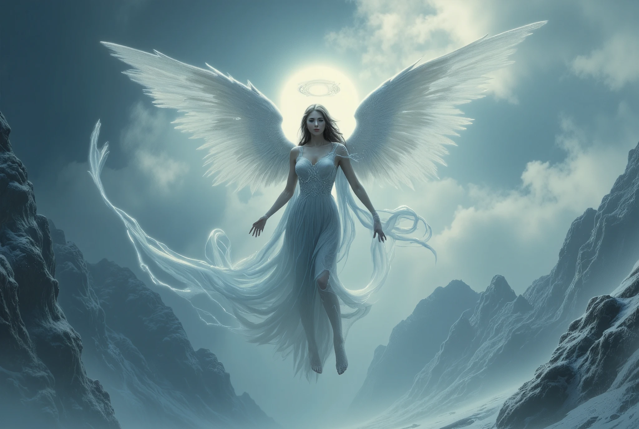 Ultra realistic, mythology, cybernectic angel with beautiful face and perfect body, she wearing beautiful white Gothic dress, with holy circle halo on her head. She flying on the dramatic sky and looking down, Winter background. (Ultra-realistic, 32k, Masterpiece, High Quality, Detailed Realistic Background, Official Art, Realistic Lighting, filmfotos, film grain, reversal film photography)