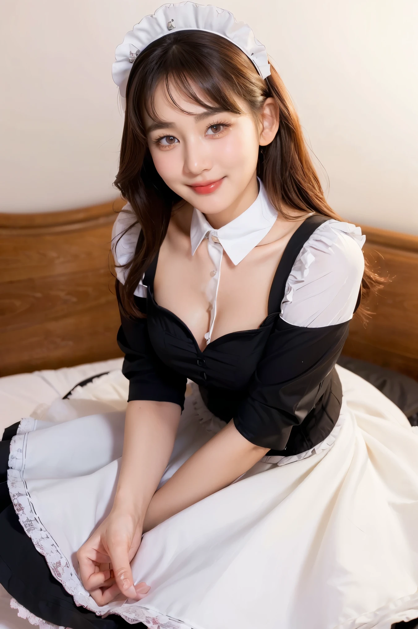 ((beautiful maid:1.5),high resolution, top quality),wearing maid's uniform,soft hands, big bright eyes, dark and vibrant curled hair, sweet smile, rosy cheeks, soft light, pure white background.  