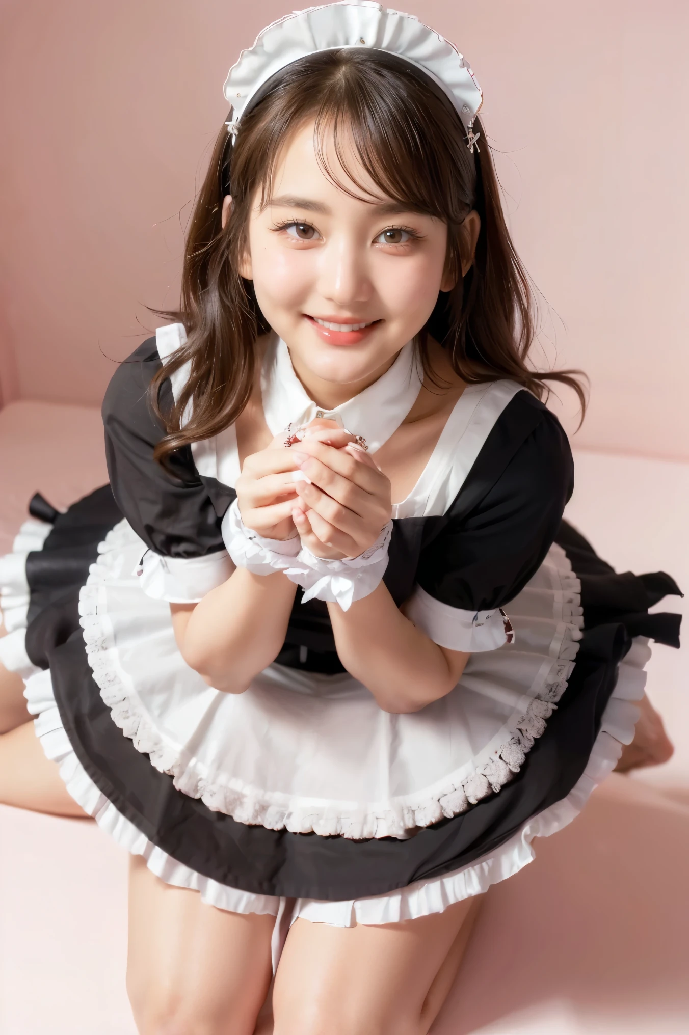 ((beautiful maid:1.5),high resolution, top quality),wearing maid's uniform,soft hands, big bright eyes, dark and vibrant curled hair, sweet smile, rosy cheeks, soft light, pure white background.  