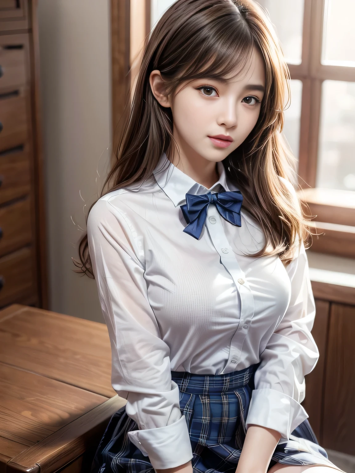 (Detailed Skin:1.2),(Glossy Skin:1.1), 8k, Top Quality, Masterpiece, Ultra High Resolution, (Photorealistic:1.4), RAW Photo, (Soft Saturation:1.3), Beautiful Korean idol, navy blue school uniform, dark bow tie, traditional style navy blue blazer uniform, white shirt and plaid skirt for a formal look, black high socks, Detailed Face, Perfect Female Body, Medium hair, asymmetrical bangs, Light brown hair, Very detailed face, Very detailed lips, Detailed eyes, Double eyelids bottom, smile,slender and stylish figures with beautiful facial features, natural light, relaxed pose, looking into the distance, calm atmosphere, shallow depth of field, clear focus on the subject, well-balanced exposure, (portrait:1.2), beautiful girl,