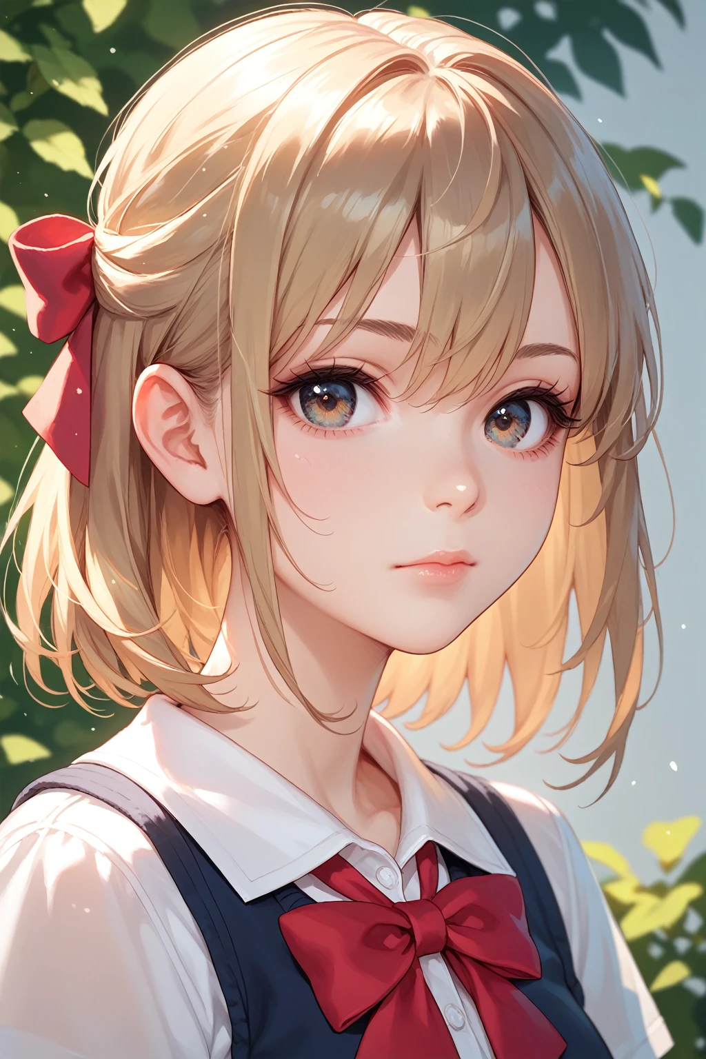 ( extremely delicate and beautiful : 1.2), 1 girl, fashion girl, fringe, beautiful eyes, bow,  brown hair, Closed mouth, sideways,  hair between the eyes , hair bow, short sleeves,  looking at the viewer, medium hair, Alone,  Upper body , school uniform: 1.3, ((Alone)), ( masterpiece), blonde