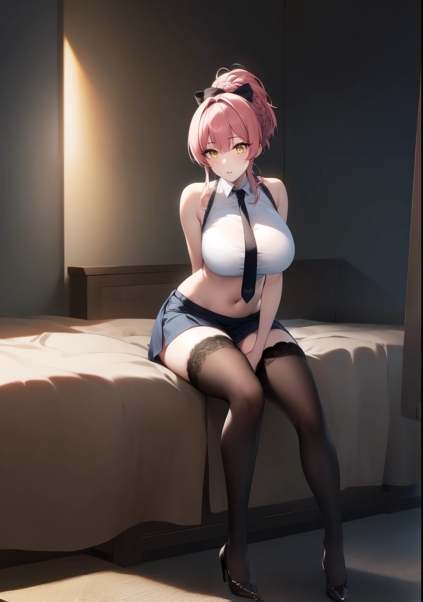 1girl,mature female,pale skin,huge breasts,mikajougasaki, mika jougasaki, hair bow, pink hair, (yellow eyes:1.5), ponytail. 
BREAK (bare shoulders, black necktie, black thighhighs, braid, long braid, miniskirt, navel, necktie, shirt, single braid, sleeveless:1.2), ((ARMS BEHIND BACK:1.5)),
BREAK (masterpiece:1.2), best quality, high resolution, unity 8k wallpaper, (illustration:0.8), (beautiful detailed eyes:1.6), extremely detailed face, perfect lighting, extremely detailed CG, (perfect hands, perfect anatomy),