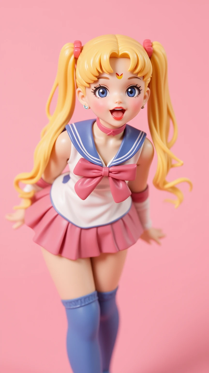 1 very young japanese girl, sailor moon, blonde hair, blushing, Shy, Red lips, mouth open, winking, cute overload, pale face, close up shot, Sweet, small breasts, ((best quality)), ((masterpiece)), (detailed), big expressive blue eyes, Slender、solid pink background, cute pose,  sailor suit, cleavage, slender legs, thigh highs, skinny, arms behind back, vinyl figure, 