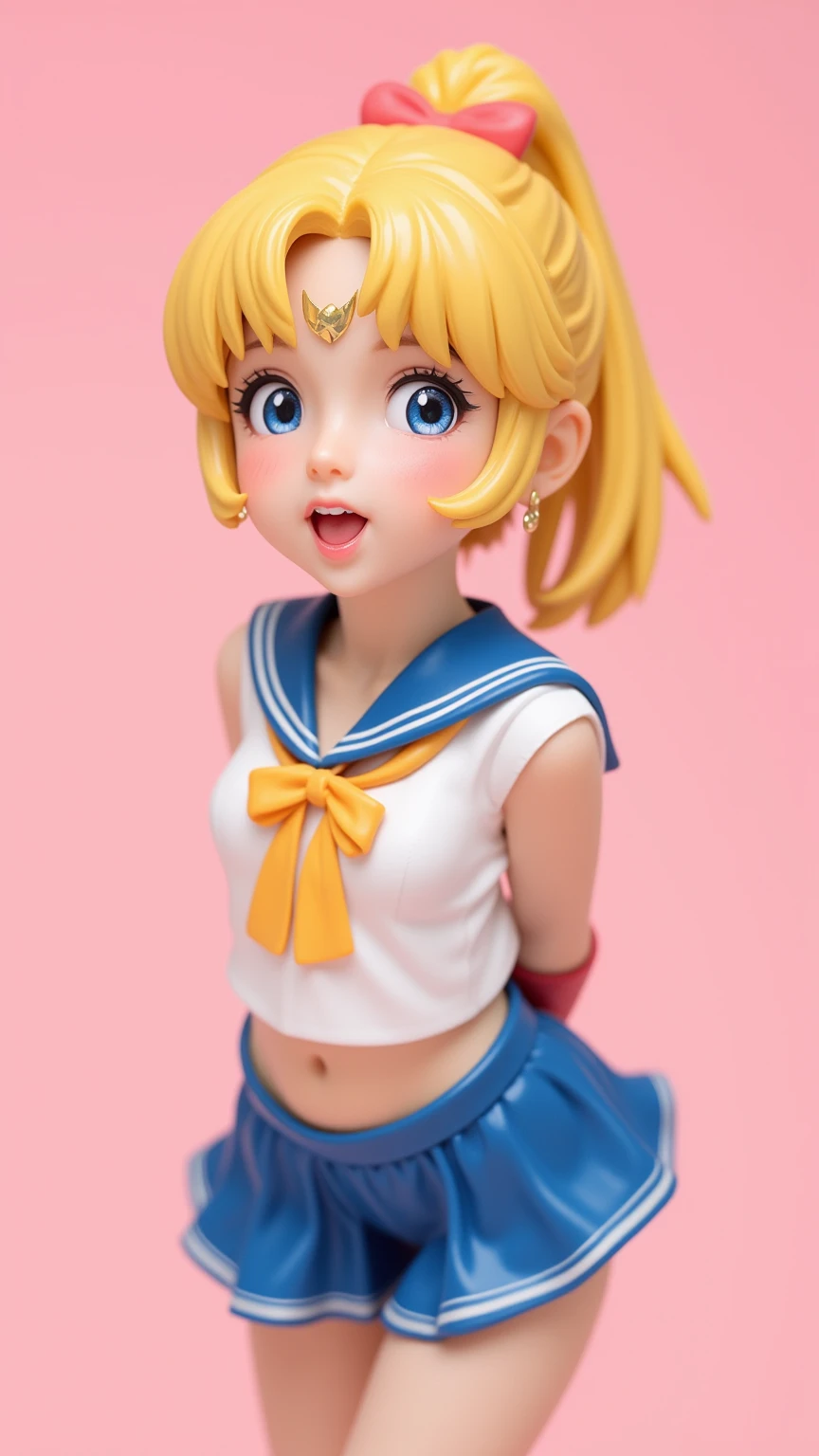 1 very young japanese girl, sailor moon, blonde hair, blushing, Shy, Red lips, mouth open, winking, cute overload, pale face, close up shot, Sweet, small breasts, ((best quality)), ((masterpiece)), (detailed), big expressive blue eyes, Slender、solid pink background, cute pose,  sailor suit, cleavage, slender legs, thigh highs, skinny, arms behind back, vinyl figure, 