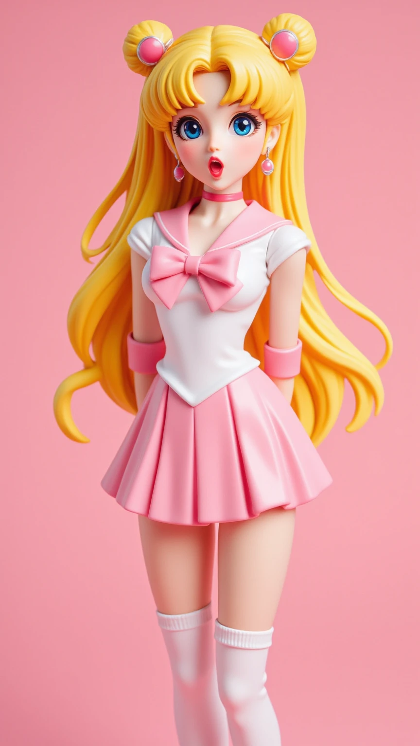 1 very young japanese girl, sailor moon, blonde hair, blushing, Shy, Red lips, mouth open, winking, cute overload, pale face, close up shot, Sweet, small breasts, ((best quality)), ((masterpiece)), (detailed), big expressive blue eyes, Slender、solid pink background, cute pose,  sailor suit, cleavage, slender legs, thigh highs, skinny, arms behind back, vinyl figure, 