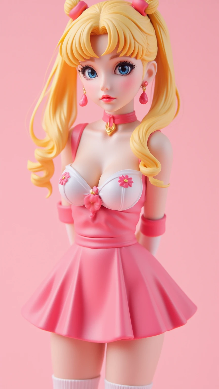 1 very young japanese girl, sailor moon, blonde hair, blushing, Shy, Red lips, mouth open, winking, cute overload, pale face, close up shot, Sweet, small breasts, ((best quality)), ((masterpiece)), (detailed), big expressive blue eyes, Slender、solid pink background, cute pose,  sailor suit, cleavage, slender legs, thigh highs, skinny, arms behind back, vinyl figure, 