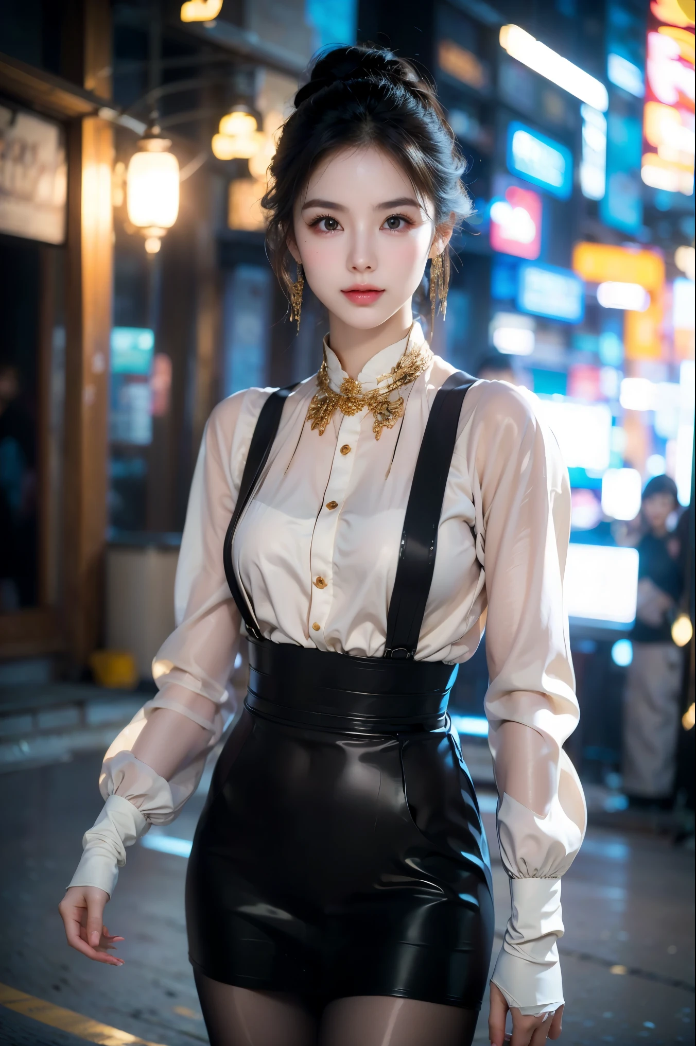 Portrait of a poised and elegant 27-year-old Korean woman, embodying grace and sophistication. Her hair is styled in a chic and timeless manner, perhaps with soft waves or a sleek bun, accentuating her refined features. She dons a sophisticated suspender skirt ensemble, carefully selected to exude a subtle allure with its tailored fit and tasteful design. The color palette might be neutral with a hint of boldness, ensuring her outfit complements her poised demeanor. A gentle, inviting smile graces her lips, suggesting warmth and approachability. The photograph captures her from a slightly elevated angle, with her gaze directed towards the camera, exuding confidence and ease. The lighting is soft and flatters her complexion, casting gentle shadows that highlight her facial structure. The background is a blurred urban setting, perhaps a chic city street or a modern cafe, emphasizing her contemporary and stylish lifestyle. The image is captured with a high-resolution camera, using a shallow depth of field to keep the subject in sharp focus against a dreamy backdrop. Post-processing enhances the richness of the colors while maintaining a soft and natural look, reminiscent of editorial fashion photography in lifestyle magazines.