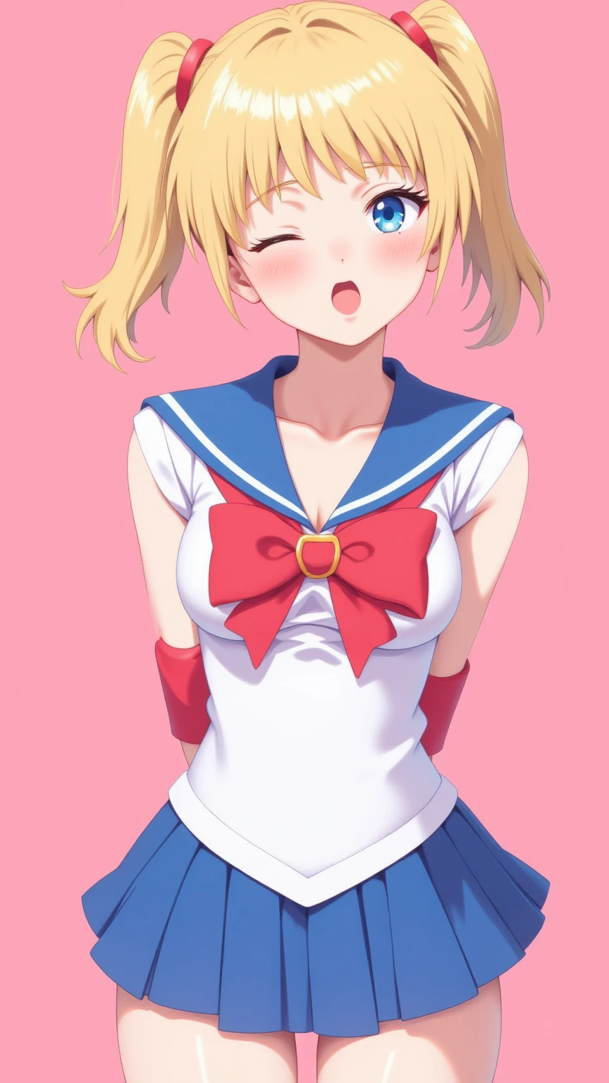 1 very young japanese girl, sailor moon, blonde hair, blushing, Shy, Red lips, mouth open, winking, cute overload, pale face, close up shot, Sweet, small breasts, ((best quality)), ((masterpiece)), (detailed), big expressive blue eyes, Slender、solid pink background, cute pose,  sailor suit, cleavage, slender legs, thigh highs, skinny, arms behind back, vinyl figure, 