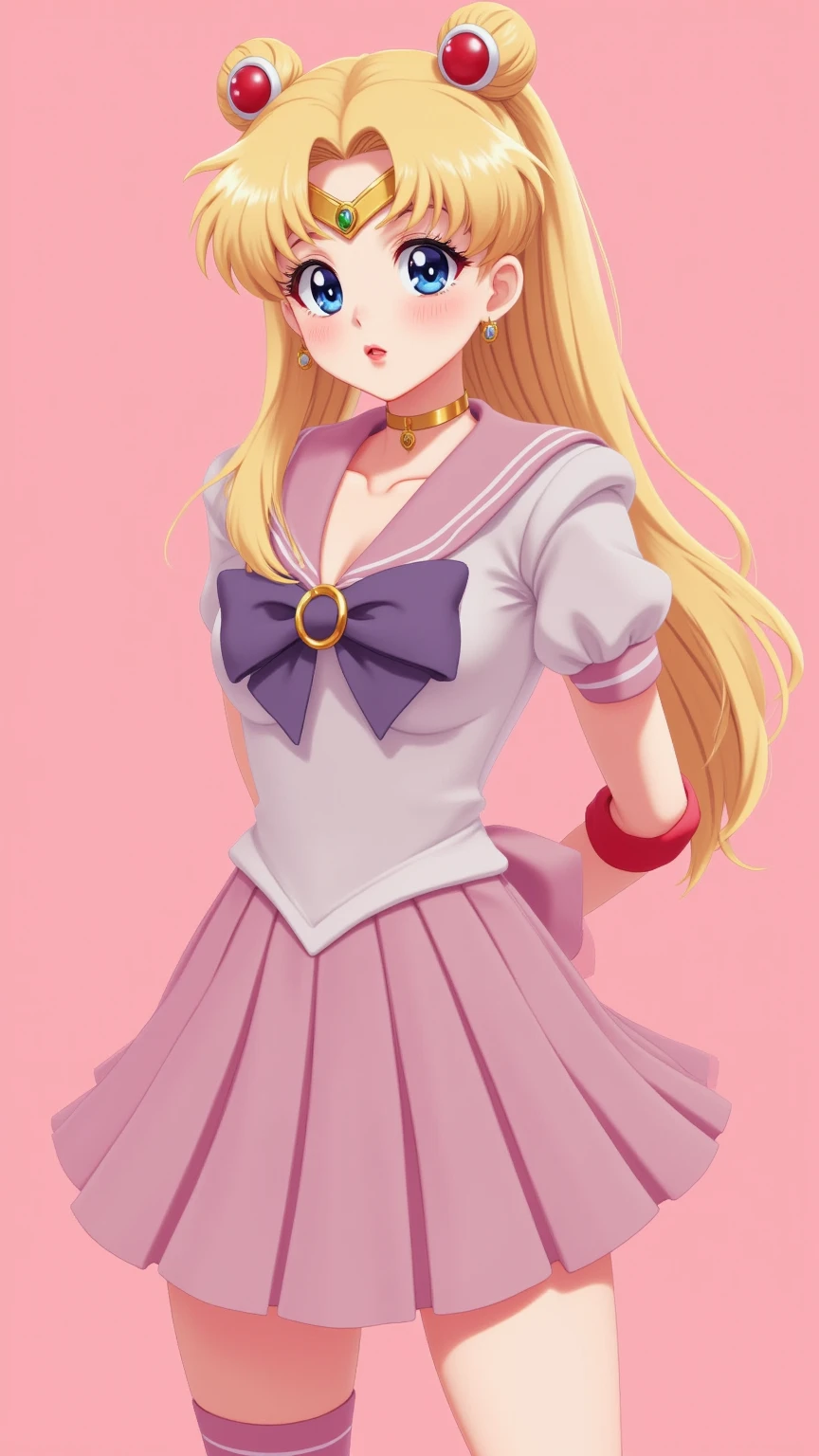 1 very young japanese girl, sailor moon, blonde hair, blushing, Shy, Red lips, mouth open, winking, cute overload, pale face, close up shot, Sweet, small breasts, ((best quality)), ((masterpiece)), (detailed), big expressive blue eyes, Slender、solid pink background, cute pose,  sailor suit, cleavage, slender legs, thigh highs, skinny, arms behind back, vinyl figure, 