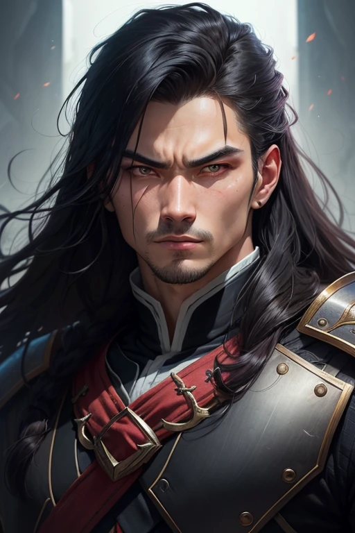 best quality,masterpiece,highly detailed,ultra-detailed, solo, black hair, 1male, portrait, looking at viewer, blue eyes, close-up, scar, lips, closed mouth, serious, scar on face, long hair, weapon, thick eyebrows <lora:HKmanga:0.8> hkmanga,